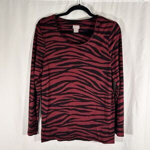 Chico's Blouse Women's Medium Red Black Striped Round Neck Long Sleeve